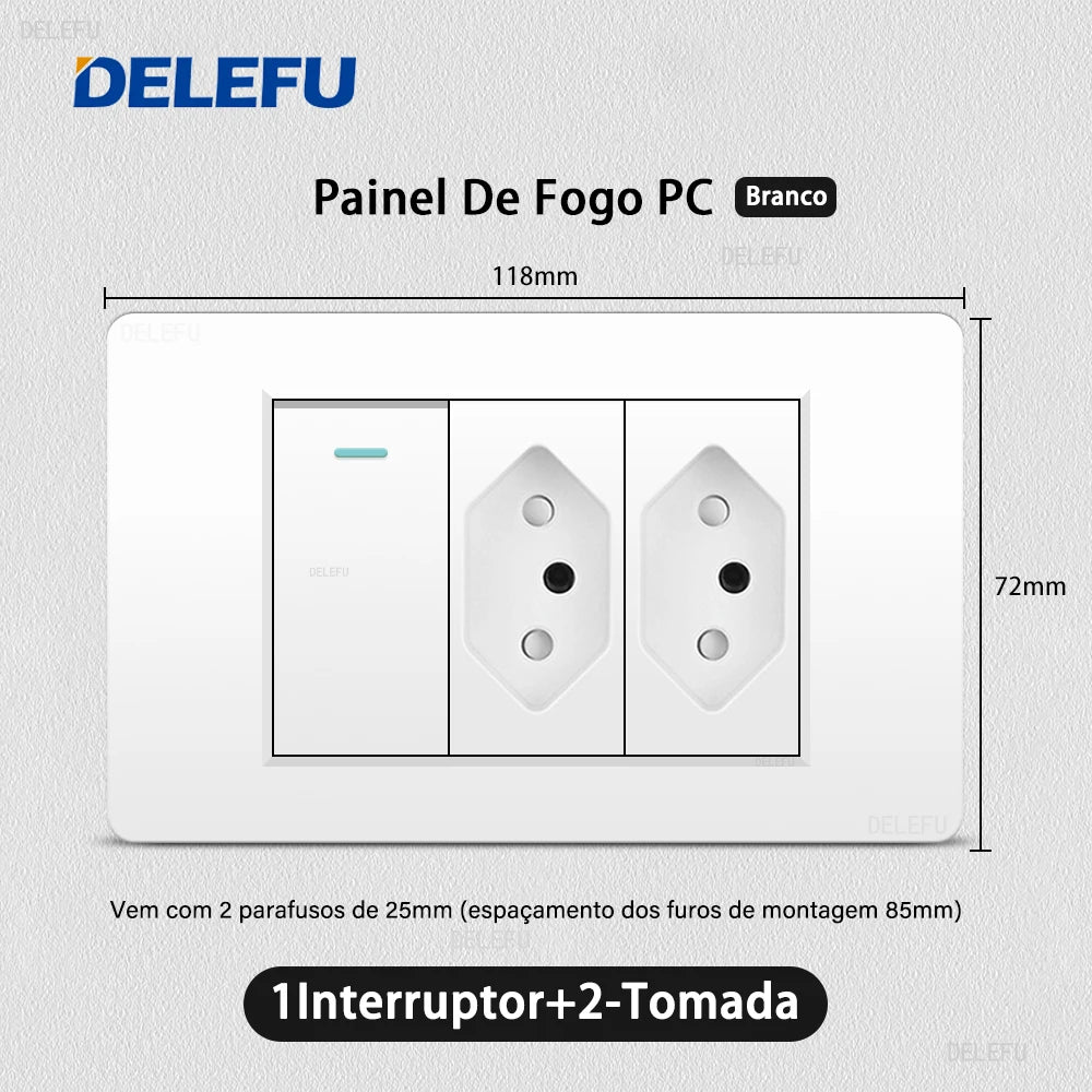 DELEFU White PC Panel Brazil Standard Outlet with Double USB Type C Wall Power Socket Smart Switch Tuya Wifi 10A 20A 118x72mm