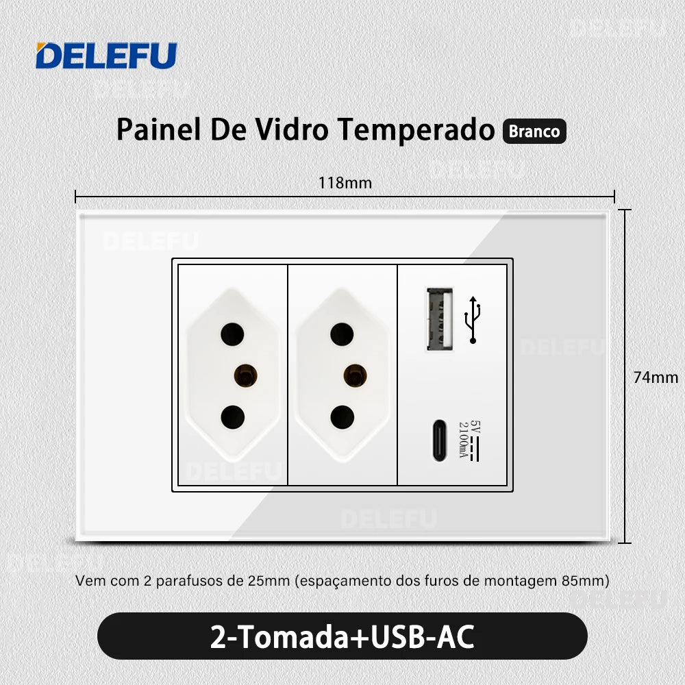 DELEFU 4*2 White Tempered Glass Brazil Standard Outlet with Double USB Type C Wall Power Socket Smart Switch Tuya Wifi 10A 20A