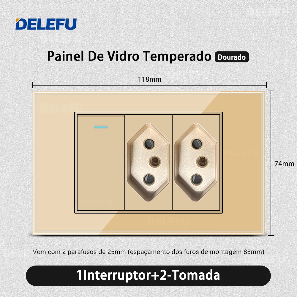 DELEFU 4*2 Gold Tempered Glass Brazil Standard Outlet Dual Usb Type C Wall Socket Light Switch Switzerland 10A 20A