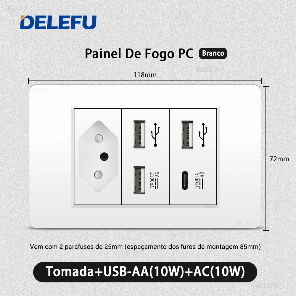 DELEFU White PC Panel Brazil Standard Outlet with Double USB Type C Wall Power Socket Smart Switch Tuya Wifi 10A 20A 118x72mm