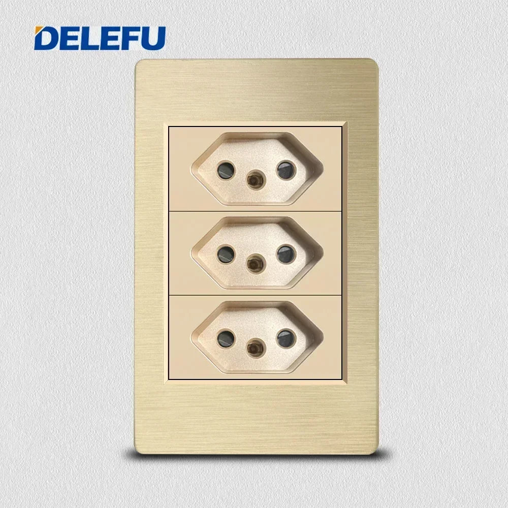 DELEFU Gold Fireproof PC Brushed Brazil Standard Socket Double USB Type C Wall Power Outlet Light On