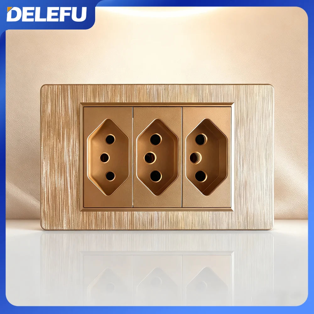 DELEFU Gold Fireproof PC Brushed Brazil Standard Socket Double USB Type C Wall Power Outlet Light On