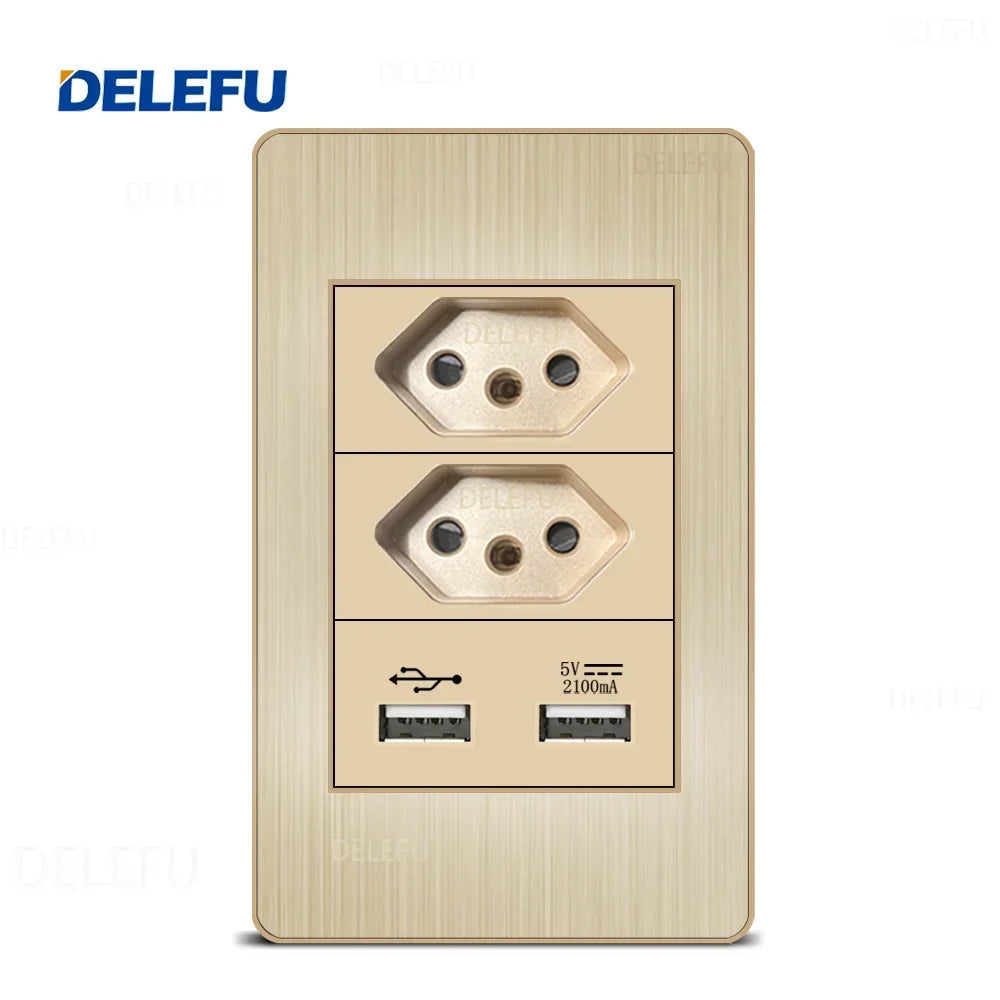DELEFU Stainless Steel Gold Panel Series Brazil Standard Switch Socket Computer USB Type C Wall Power Socket