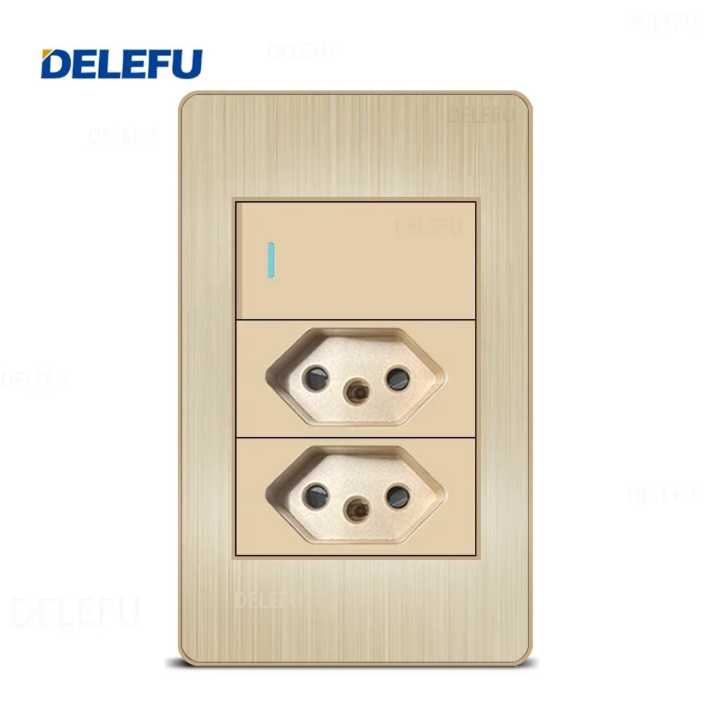 DELEFU Stainless Steel Gold Panel Series Brazil Standard Switch Socket Computer USB Type C Wall Power Socket