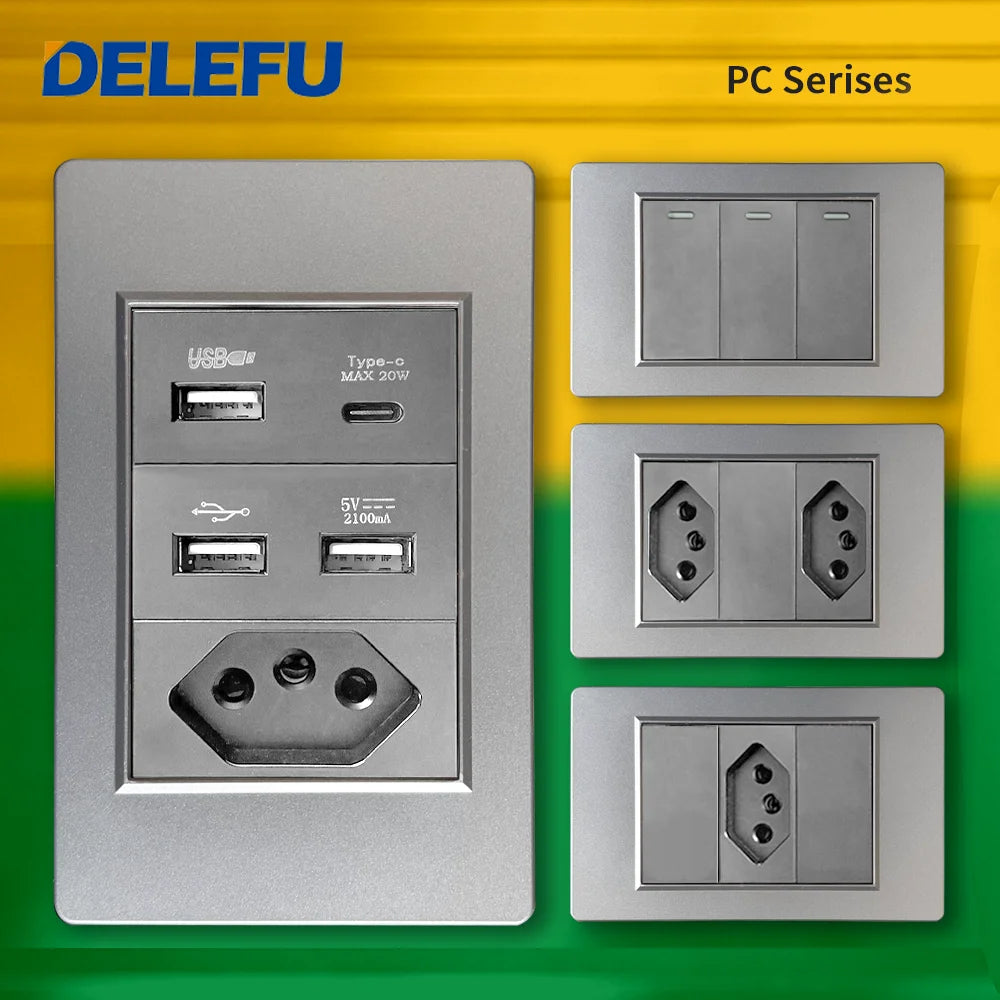 DELEFU Grey PC Panel Brazil Standard Outlet Double USB Type C Wall Power Socket Light Switch Home Office Electrical Plug 10A 20A