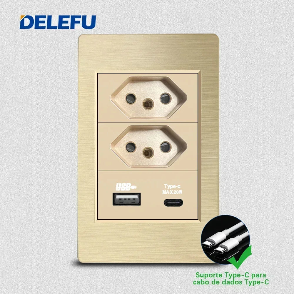 DELEFU Gold Fireproof PC Brushed Brazil Standard Socket Double USB Type C Wall Power Outlet Light On