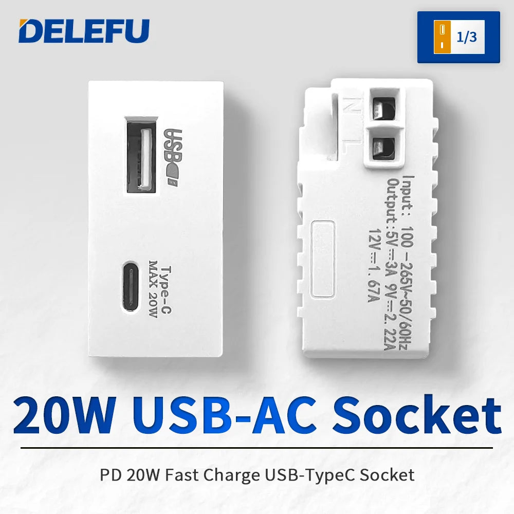 DELEFU Brazil Italian Chile Mexico Standard Free Combination Function USB Type C Key DIY Switch Socket 4*2 White 4*4 Fast Charge