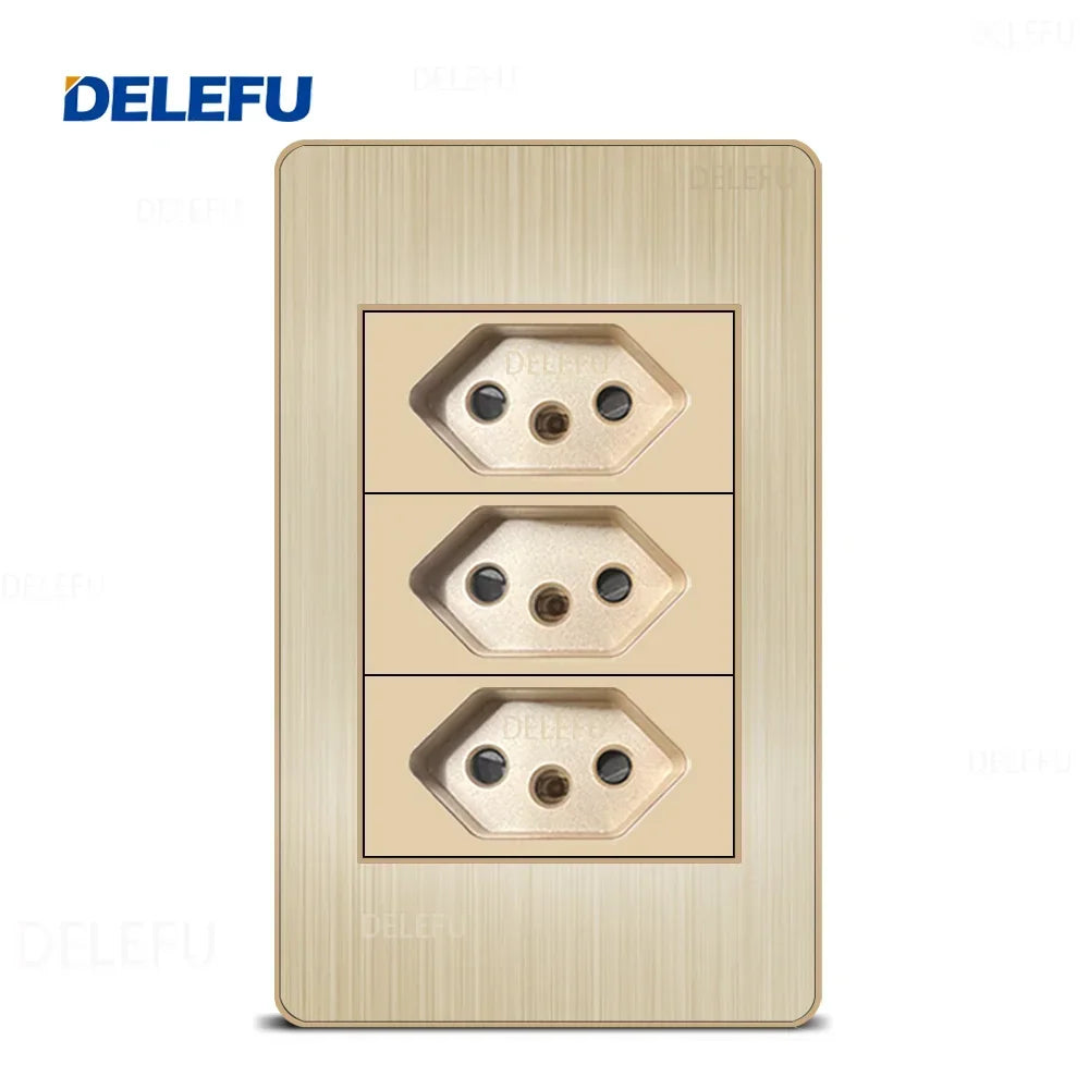 DELEFU Stainless Steel Gold Panel Series Brazil Standard Switch Socket Computer USB Type C Wall Power Socket