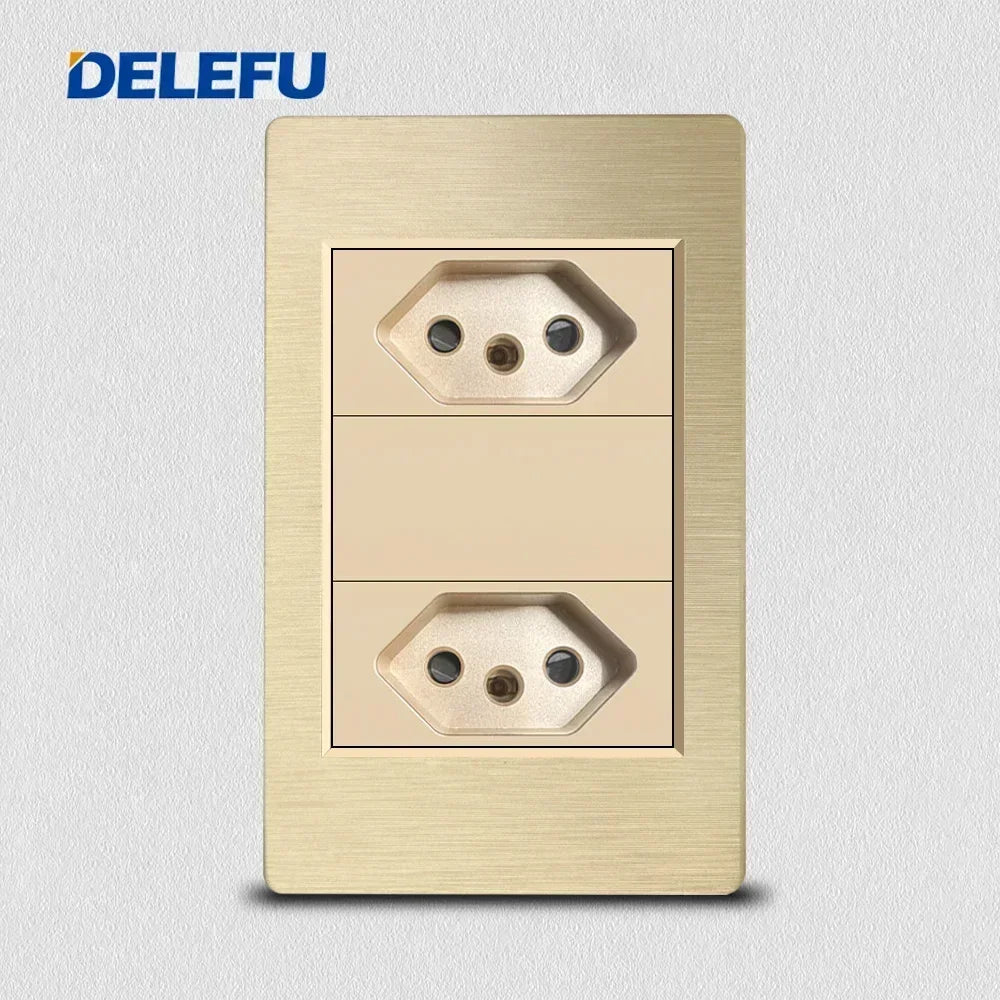 DELEFU Gold Fireproof PC Brushed Brazil Standard Socket Double USB Type C Wall Power Outlet Light On
