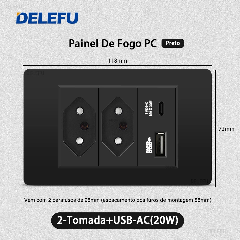 DELEFU PC Panel Fireproof Double USB Type C Charge Brazil Standard Outlet Black Wall Power Light Switch Electrical Plug  10A 20A