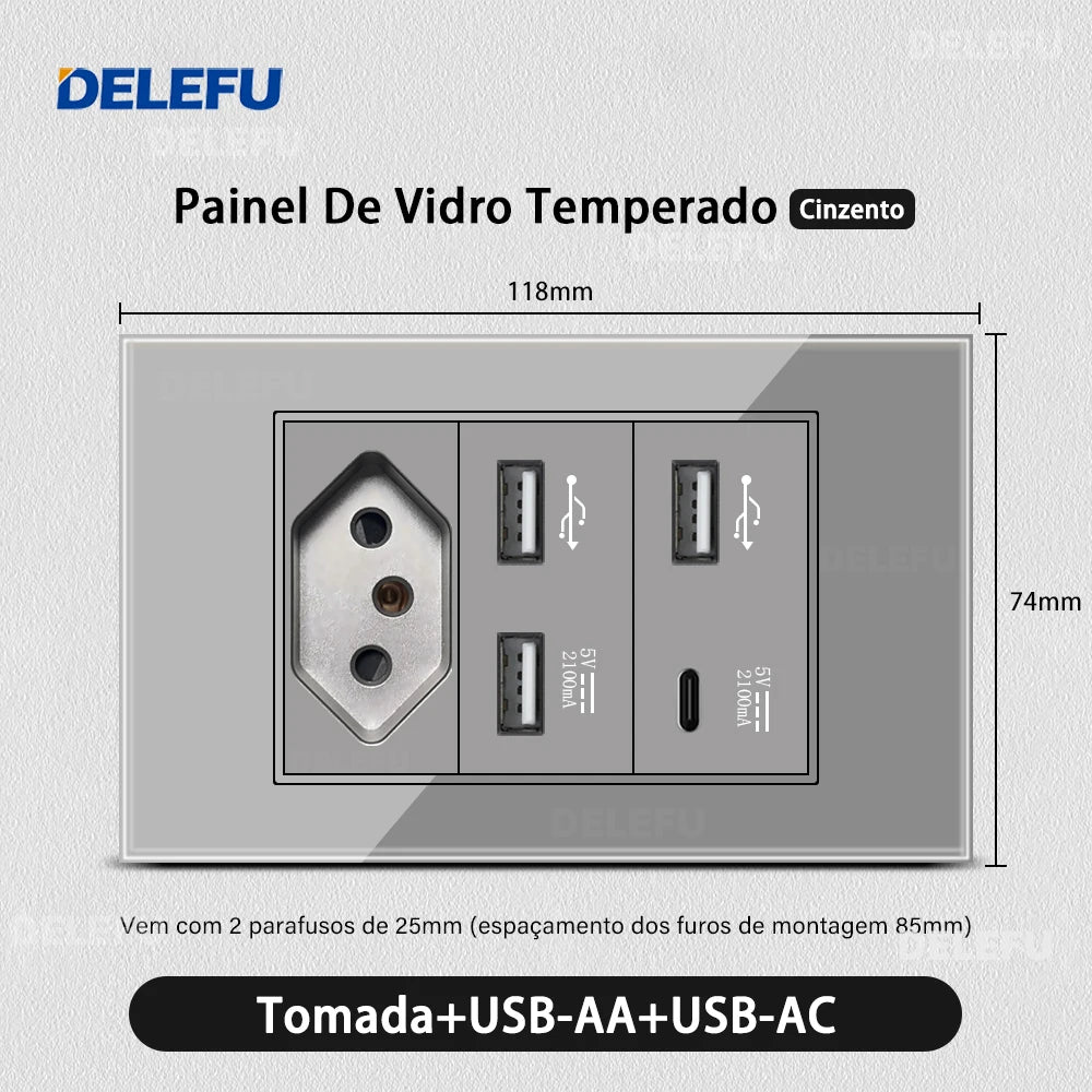 DELEFU Tempered Gray Glass Brazil Standard Outlet Dual Usb Type C Switzerland Wall Socket Light Switch Switzerland 118mm 10A 20A