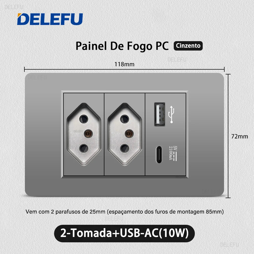 DELEFU Grey PC Panel Brazil Standard Outlet Double USB Type C Wall Power Socket Light Switch Home Office Electrical Plug 10A 20A