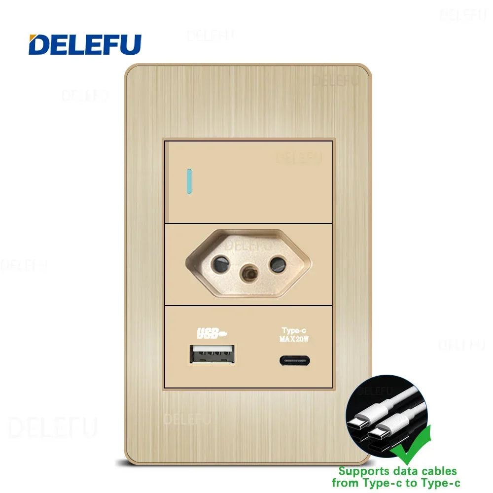 DELEFU Stainless Steel Gold Panel Series Brazil Standard Switch Socket Computer USB Type C Wall Power Socket