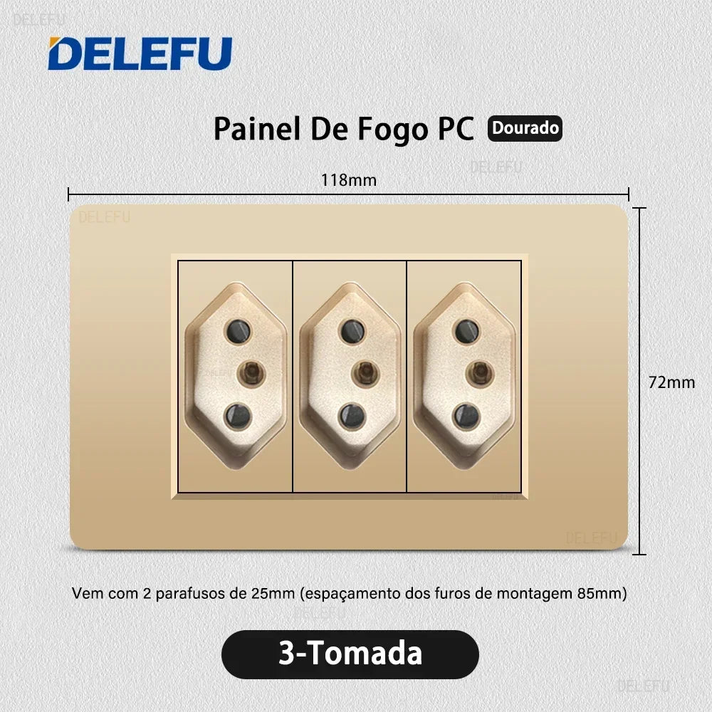 DELEFU PC Panel Fireproof Double USB Type C Charge Brazil Standard Outlet Gold Wall Power Light Switch Electrical Plug 10A 20A