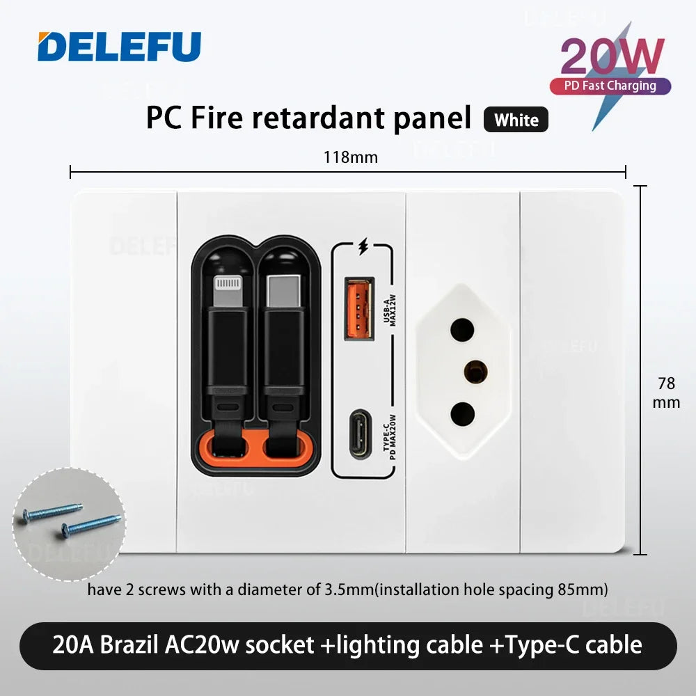DELEFU Cable Dual Charging Brazil Chile Socket Outlet Wall USB TypeC 20W Smart Fast Ports Mobile Phone Gray  Black  White