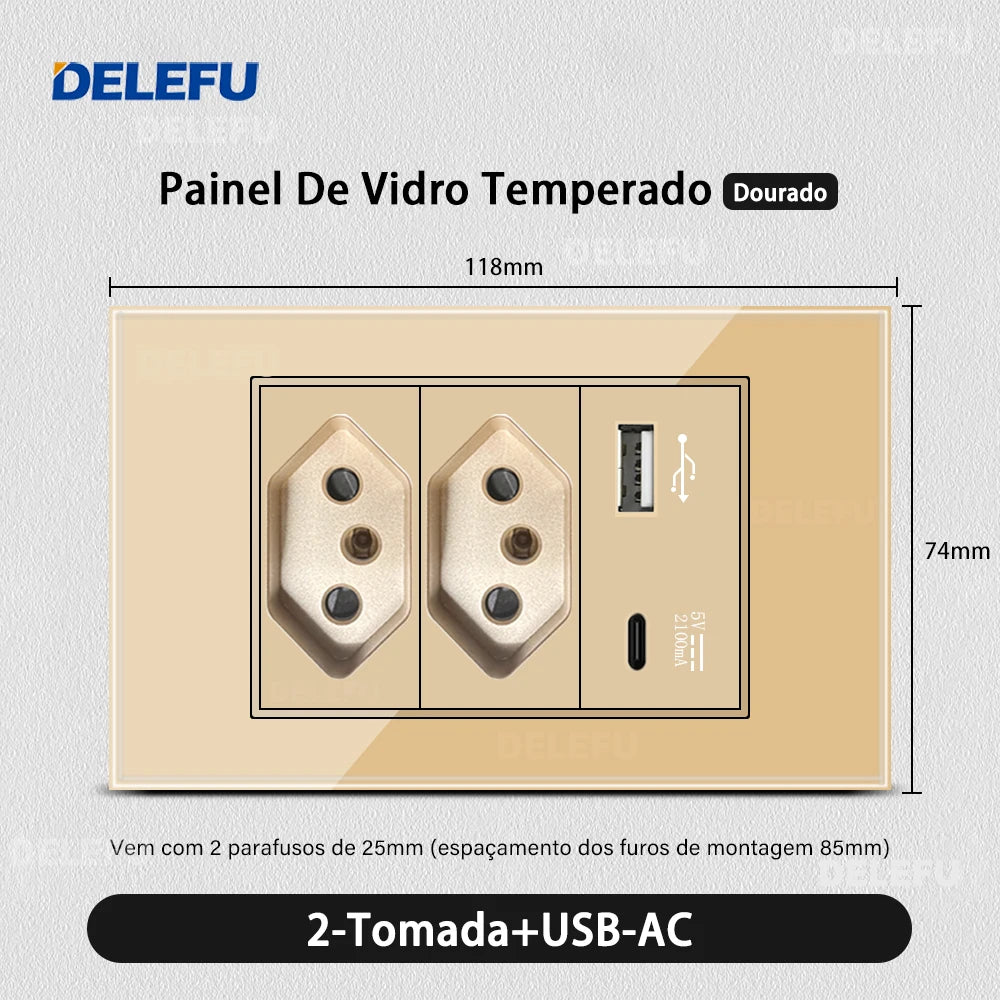 DELEFU 4*2 Gold Tempered Glass Brazil Standard Outlet Dual Usb Type C Wall Socket Light Switch Switzerland 10A 20A