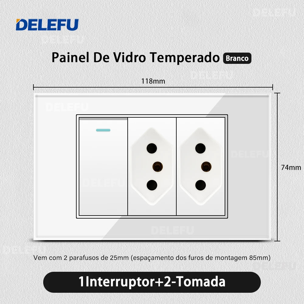 DELEFU 4*2 White Tempered Glass Brazil Standard Outlet with Double USB Type C Wall Power Socket Smart Switch Tuya Wifi 10A 20A