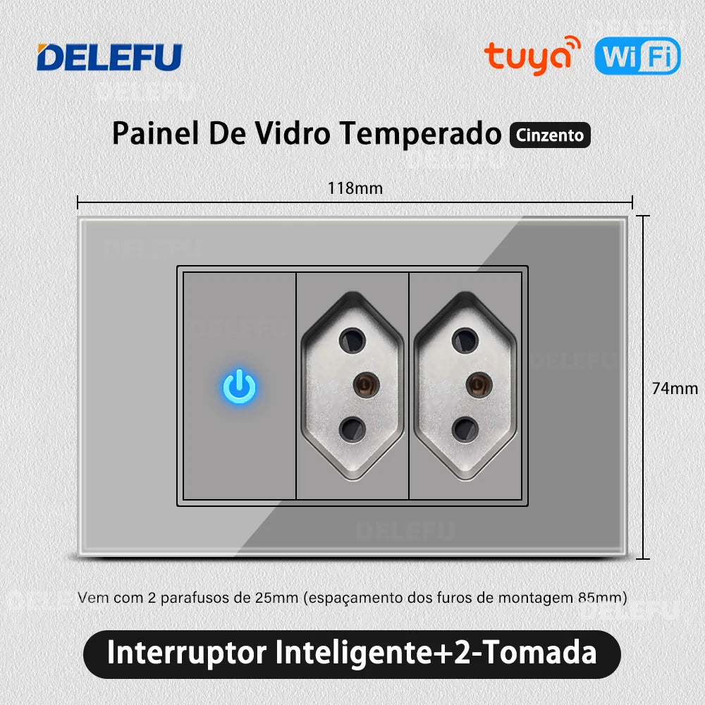 DELEFU Tempered Gray Glass Brazil Standard Outlet Dual Usb Type C Switzerland Wall Socket Light Switch Switzerland 118mm 10A 20A