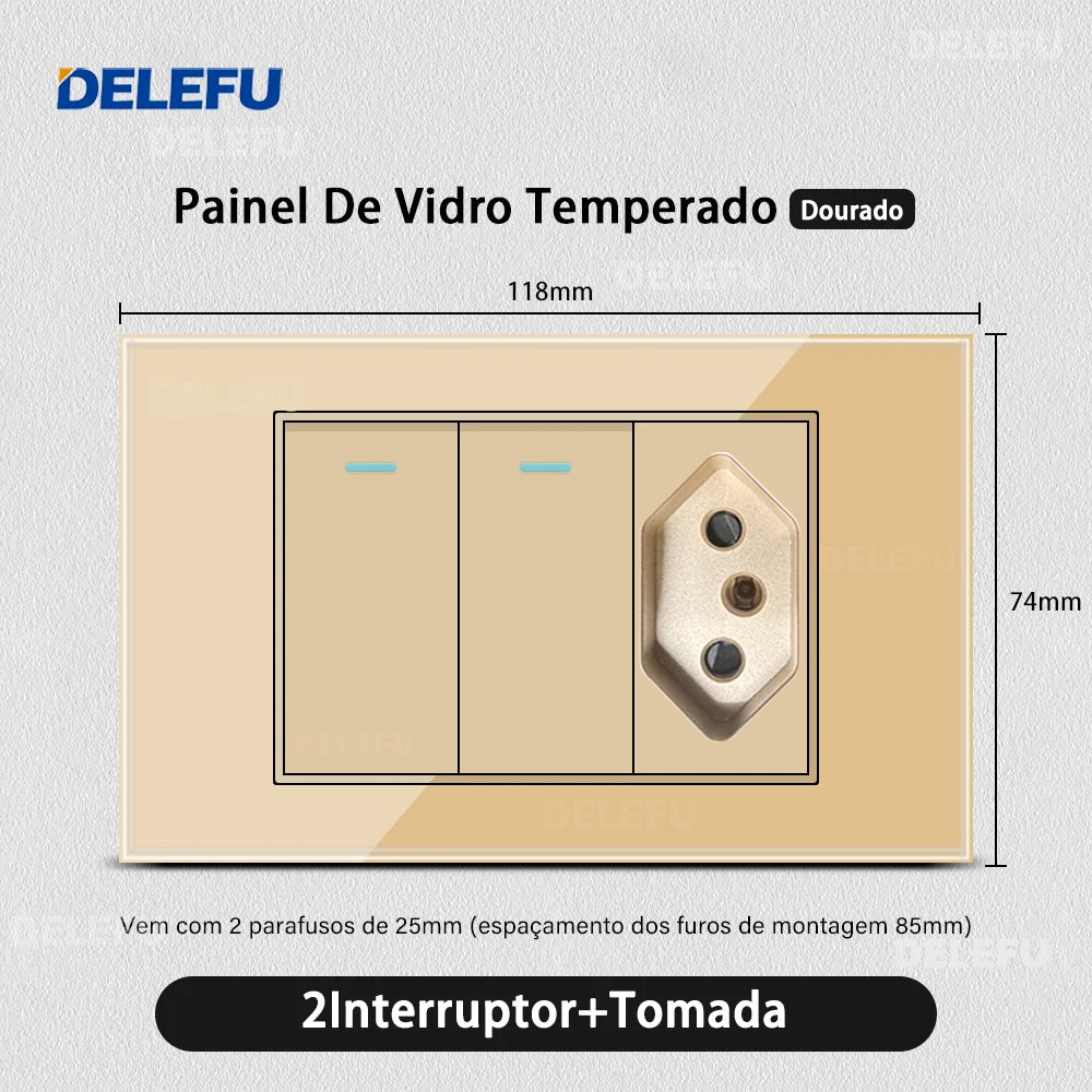 DELEFU 4*2 Gold Tempered Glass Brazil Standard Outlet Dual Usb Type C Wall Socket Light Switch Switzerland 10A 20A