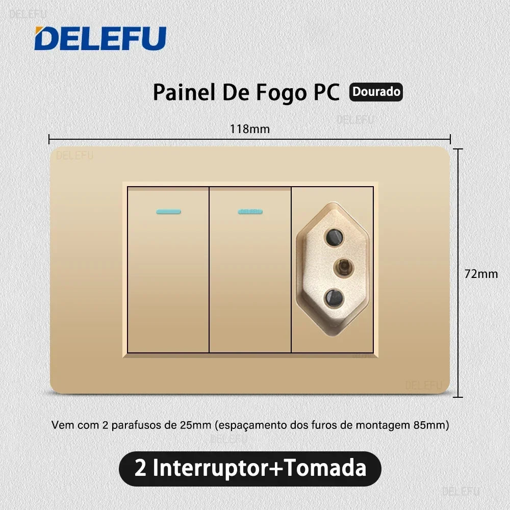 DELEFU PC Panel Fireproof Double USB Type C Charge Brazil Standard Outlet Gold Wall Power Light Switch Electrical Plug 10A 20A
