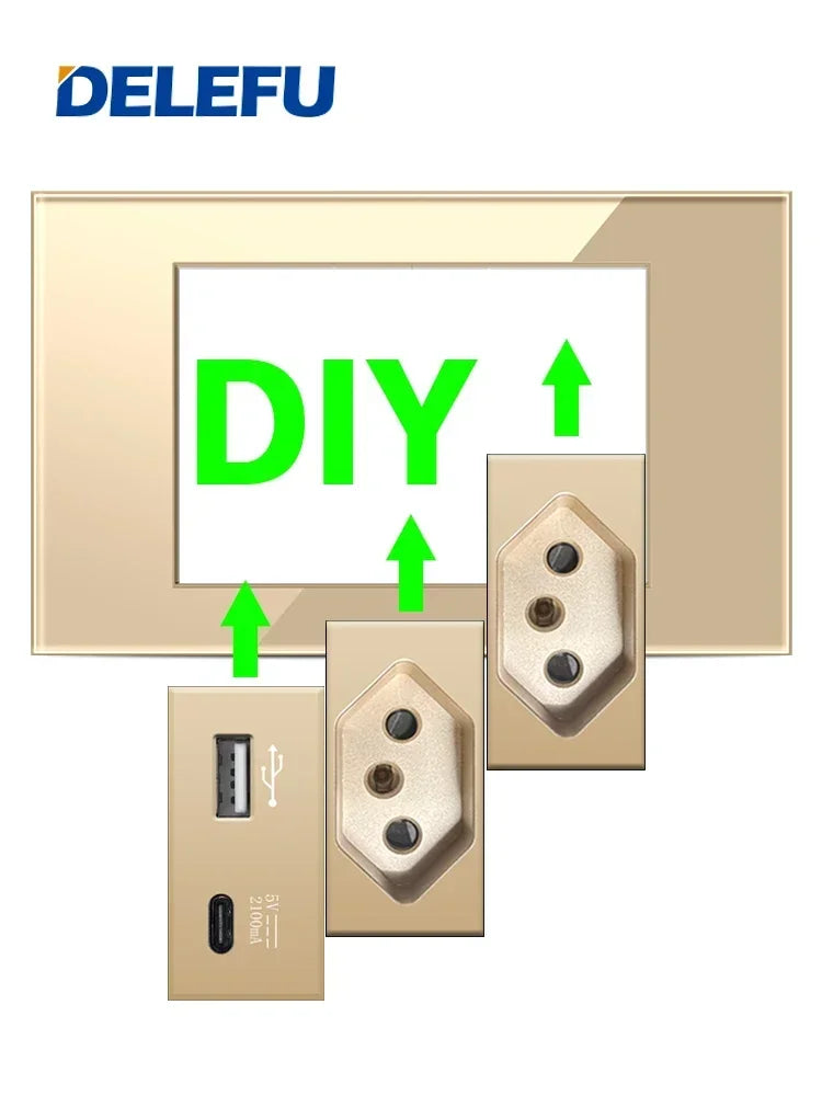 DELEFU Brazil Italian Chile Mexico Standard Free Combination Function USB Type C Key DIY Switch Socket 4*2 Gold 4*4 Fast Charge