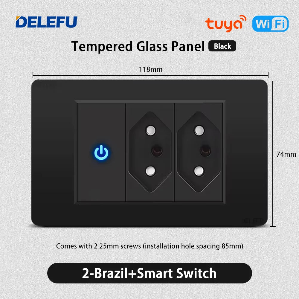 DELEFU PC Panel Fireproof Double USB Type C Charge Brazil Standard Outlet Black Wall Power Light Switch Electrical Plug  10A 20A