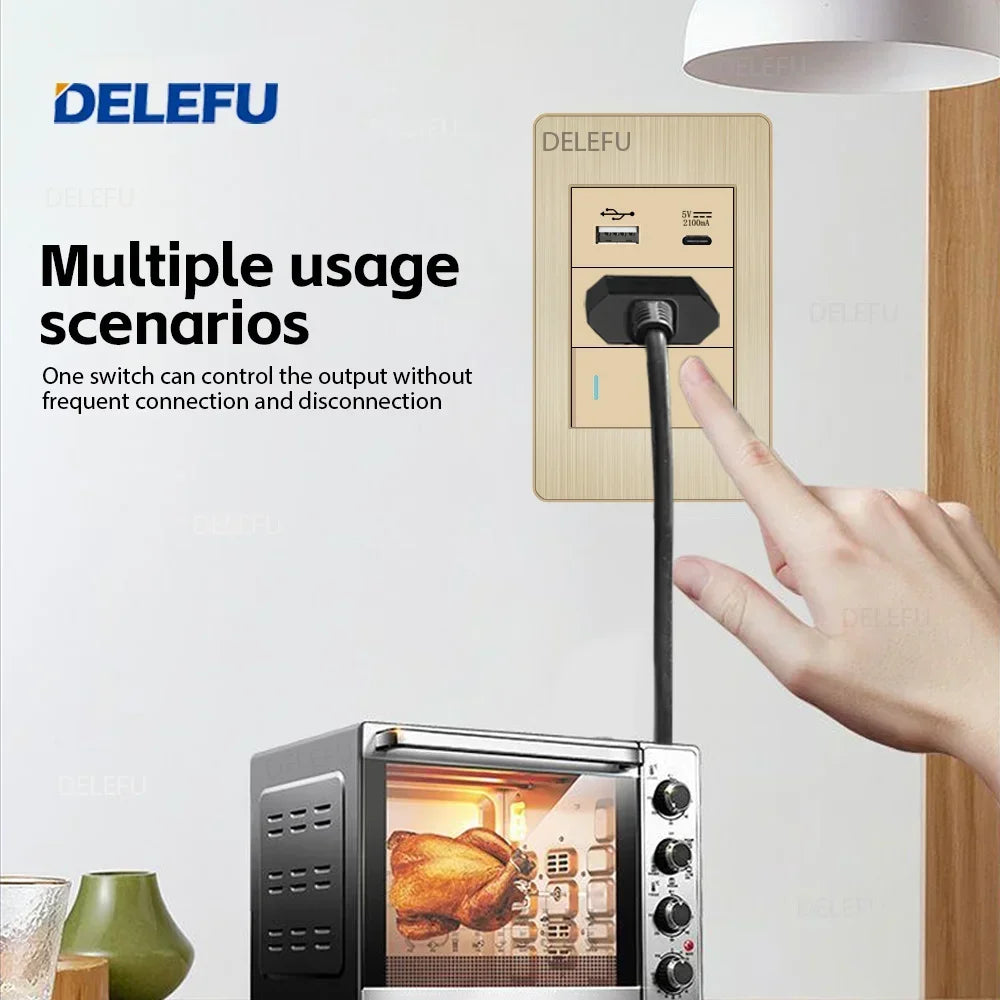 DELEFU Stainless Steel Gold Panel Series Brazil Standard Switch Socket Computer USB Type C Wall Power Socket