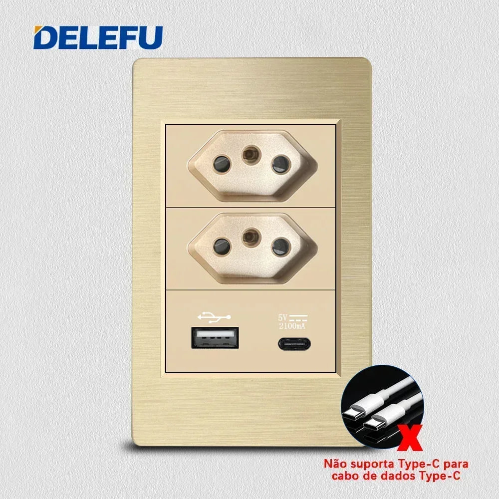 DELEFU Gold Fireproof PC Brushed Brazil Standard Socket Double USB Type C Wall Power Outlet Light On