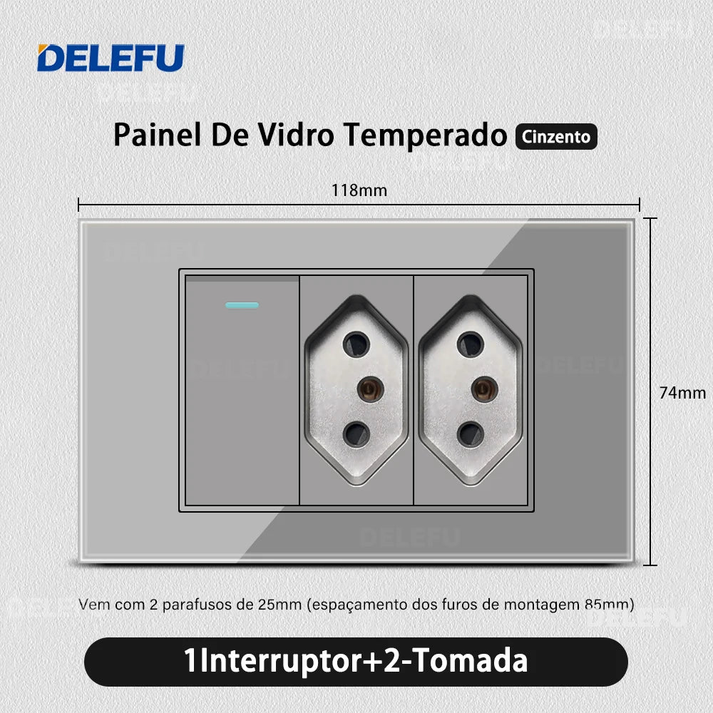 DELEFU Tempered Gray Glass Brazil Standard Outlet Dual Usb Type C Switzerland Wall Socket Light Switch Switzerland 118mm 10A 20A
