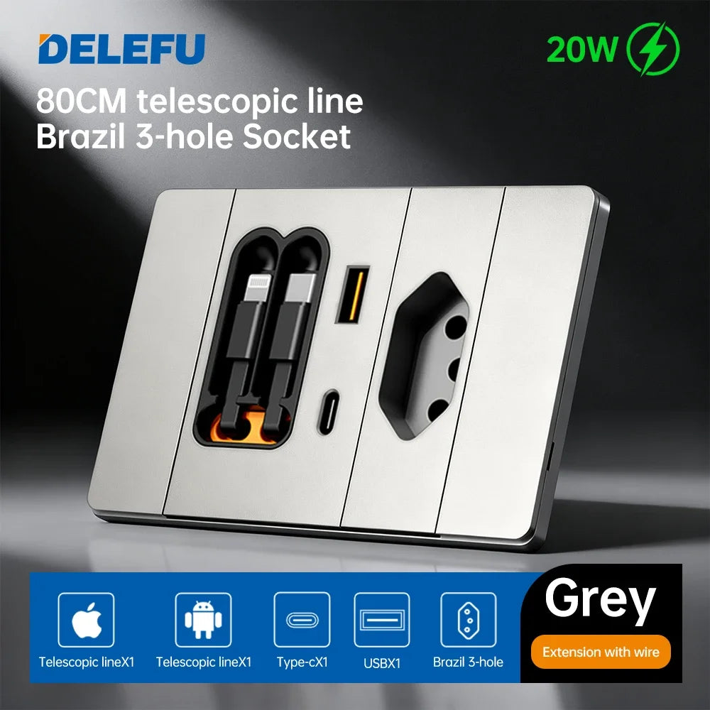 DELEFU Cable Dual Charging Brazil Chile Socket Outlet Wall USB TypeC 20W Smart Fast Ports Mobile Phone Gray  Black  White
