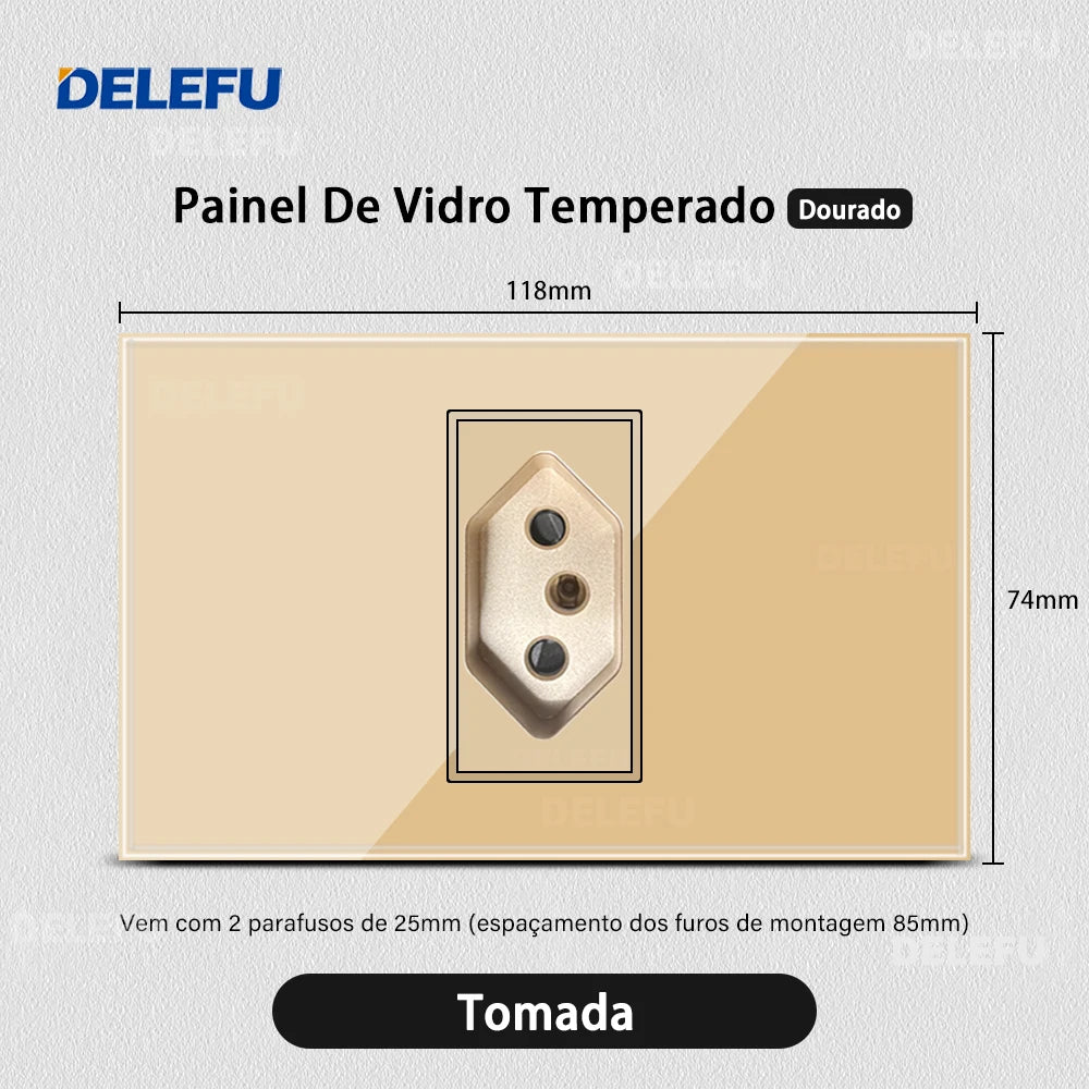 DELEFU 4*2 Gold Tempered Glass Brazil Standard Outlet Dual Usb Type C Wall Socket Light Switch Switzerland 10A 20A