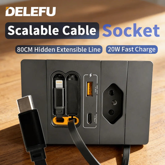 DELEFU Cable Dual Charging Brazil Chile Socket Outlet Wall USB TypeC 20W Smart Fast Ports Mobile Phone Gray  Black  White