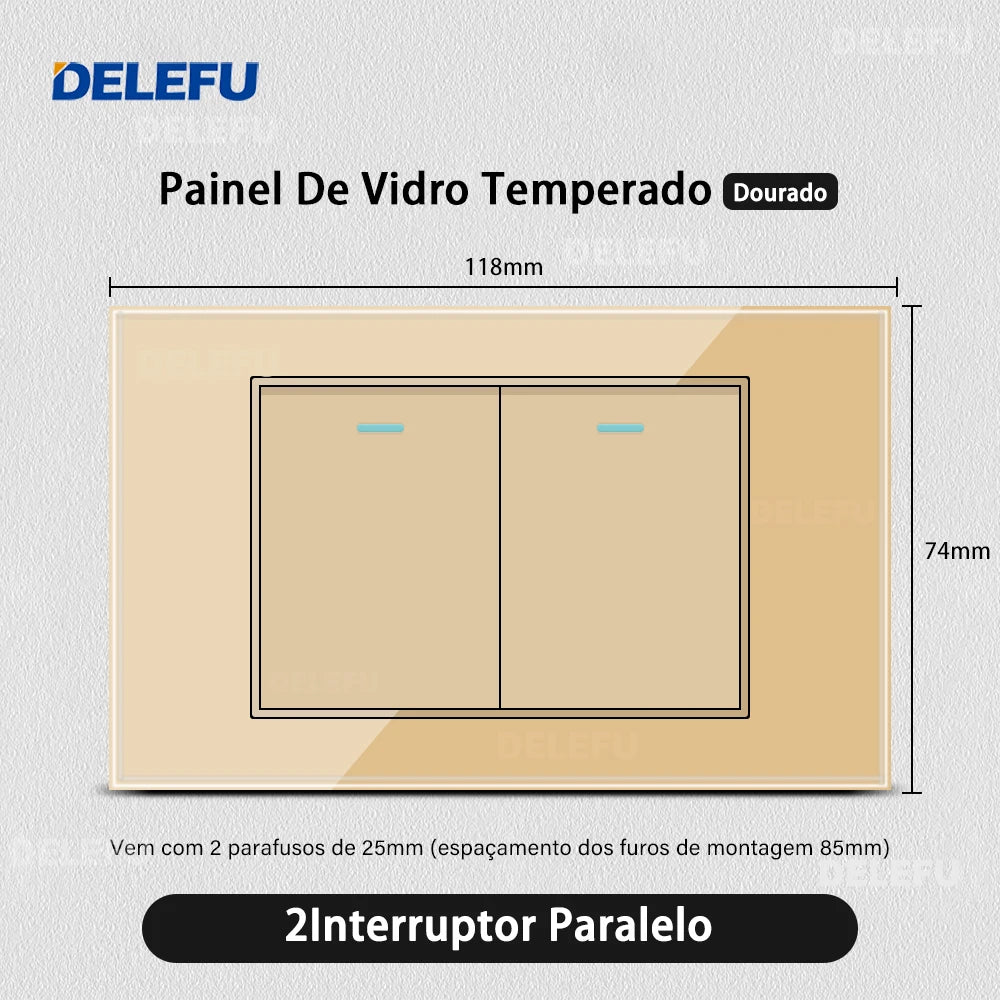DELEFU 4*2 Gold Tempered Glass Brazil Standard Outlet Dual Usb Type C Wall Socket Light Switch Switzerland 10A 20A