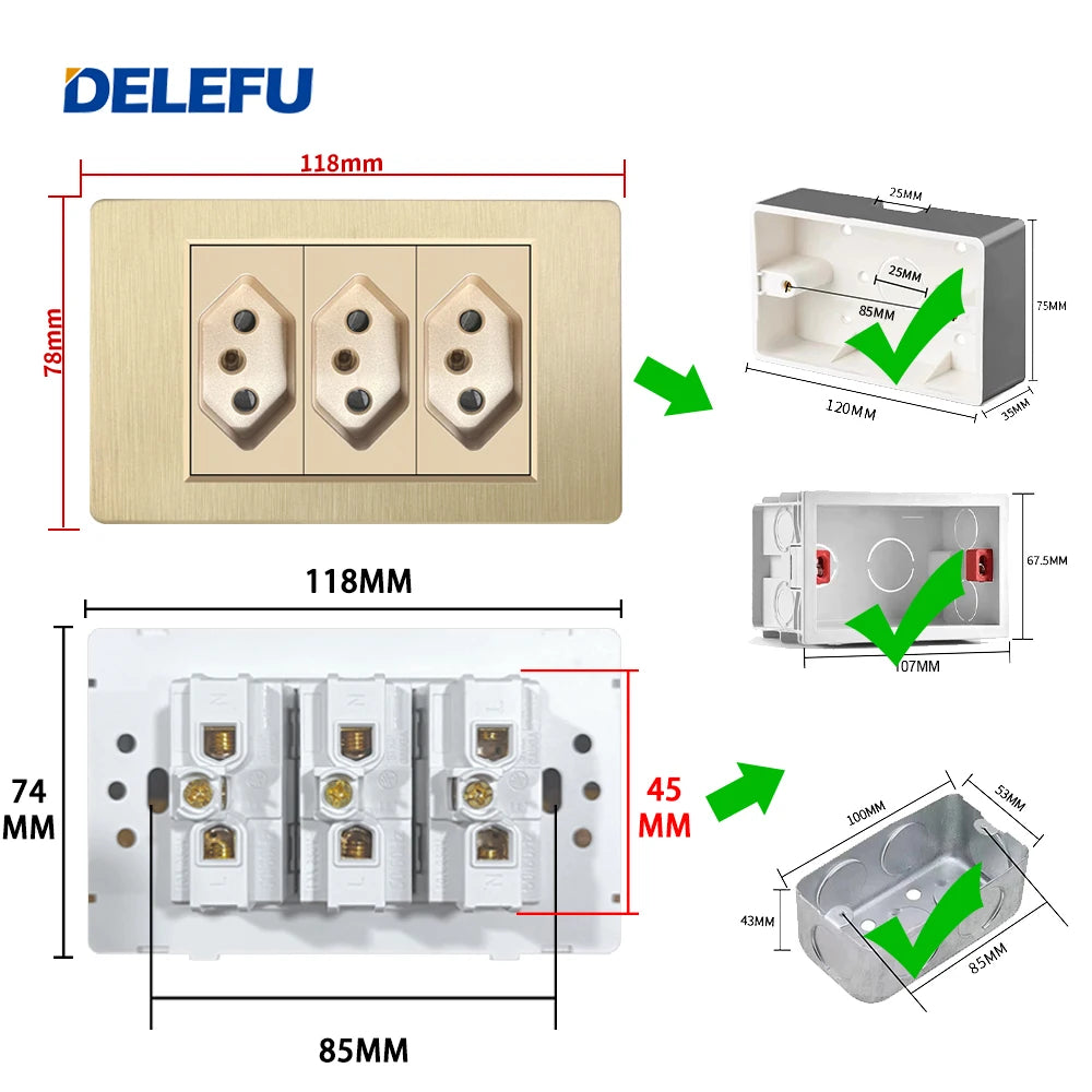 DELEFU Gold Fireproof PC Brushed Brazil Standard Socket Double USB Type C Wall Power Outlet Light On