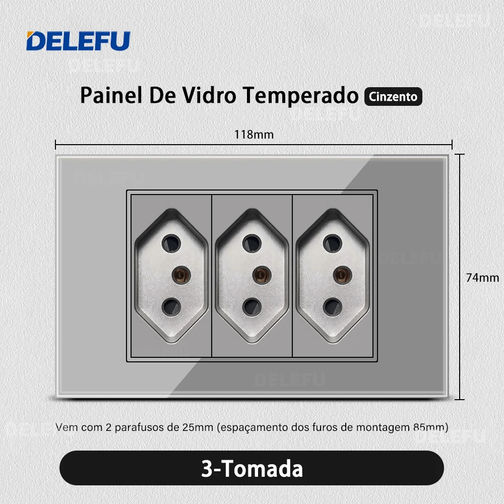DELEFU Tempered Gray Glass Brazil Standard Outlet Dual Usb Type C Switzerland Wall Socket Light Switch Switzerland 118mm 10A 20A
