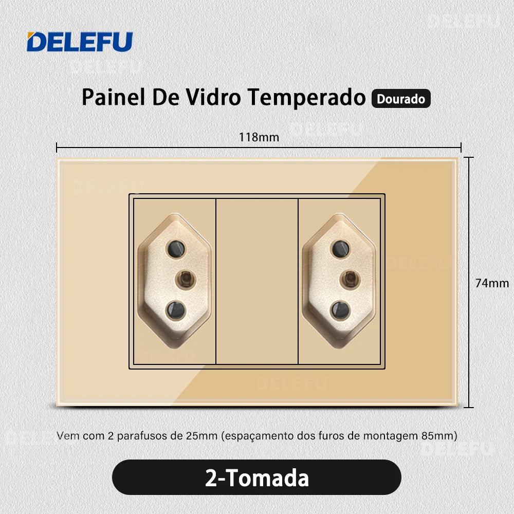 DELEFU 4*2 Gold Tempered Glass Brazil Standard Outlet Dual Usb Type C Wall Socket Light Switch Switzerland 10A 20A