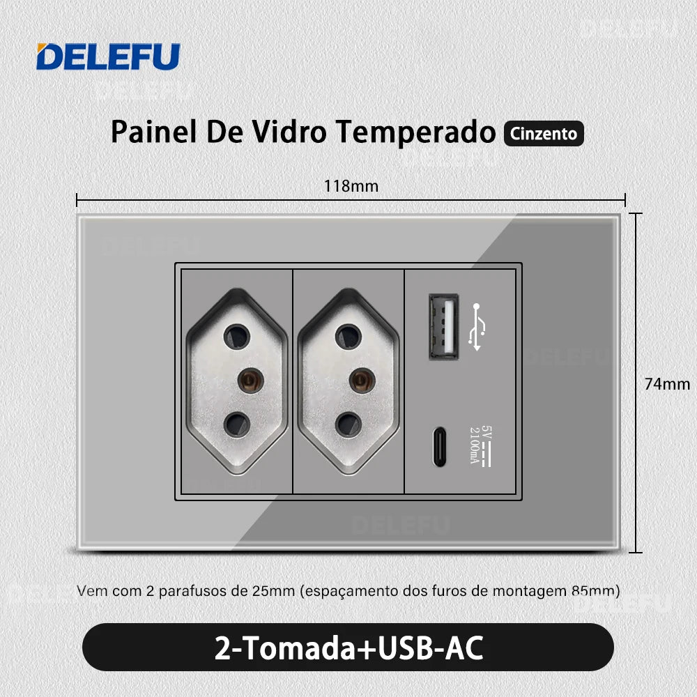DELEFU Tempered Gray Glass Brazil Standard Outlet Dual Usb Type C Switzerland Wall Socket Light Switch Switzerland 118mm 10A 20A