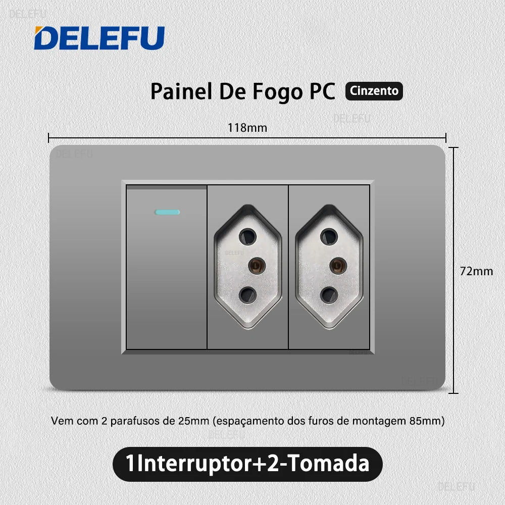 DELEFU Grey PC Panel Brazil Standard Outlet Double USB Type C Wall Power Socket Light Switch Home Office Electrical Plug 10A 20A