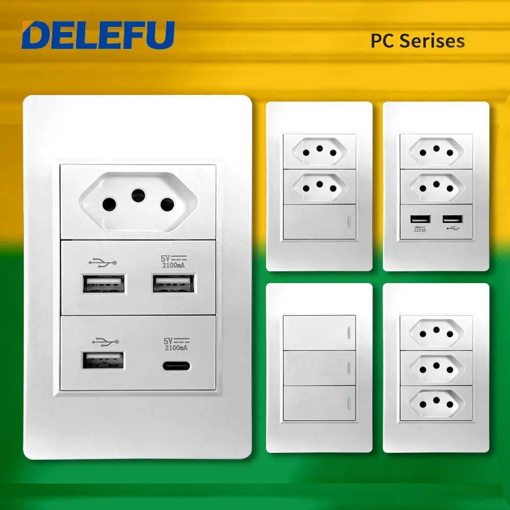DELEFU White PC Panel Brazil Standard Outlet with Double USB Type C Wall Power Socket Smart Switch Tuya Wifi 10A 20A 118x72mm