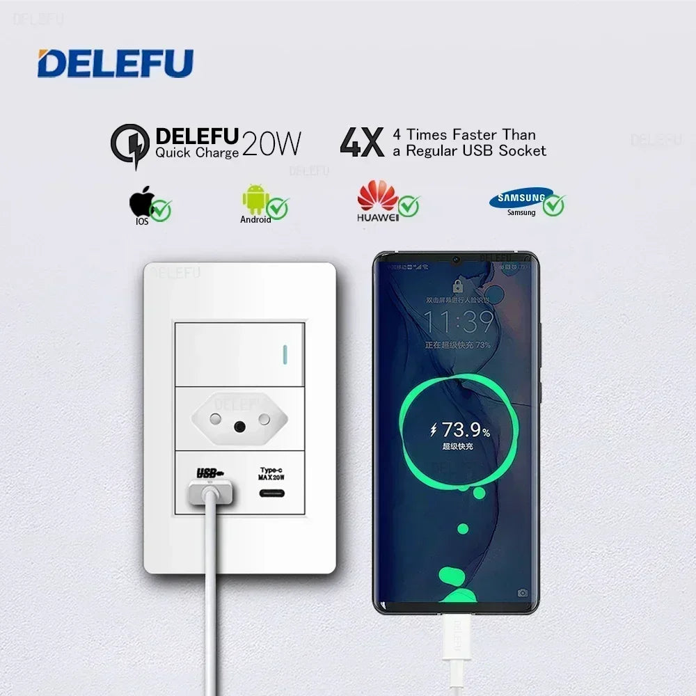 DELEFU White PC Panel Brazil Standard Outlet with Double USB Type C Wall Power Socket Smart Switch Tuya Wifi 10A 20A 118x72mm