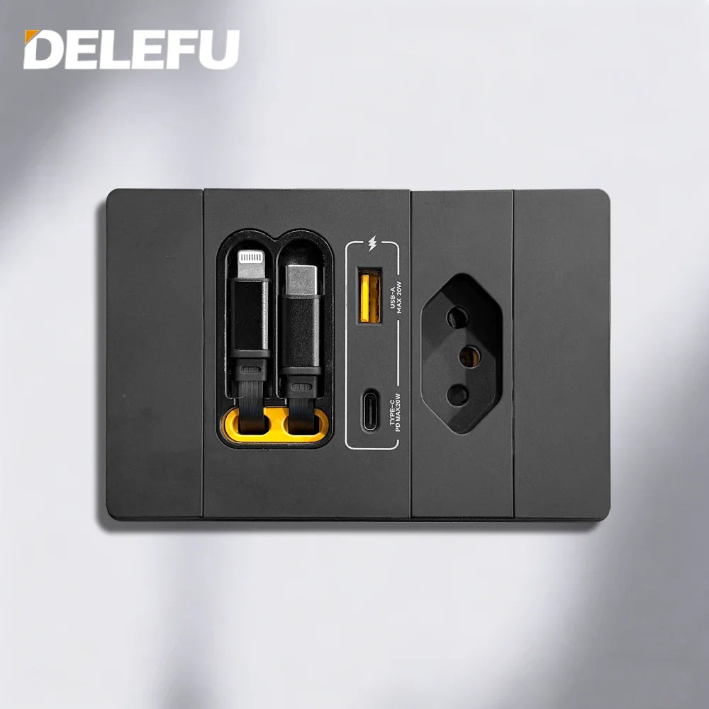 DELEFU Cable Dual Charging Brazil Chile Socket Outlet Wall USB TypeC 20W Smart Fast Ports Mobile Phone Gray  Black  White