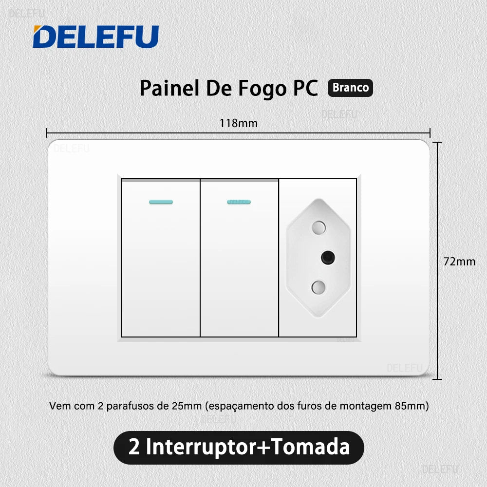 DELEFU White PC Panel Brazil Standard Outlet with Double USB Type C Wall Power Socket Smart Switch Tuya Wifi 10A 20A 118x72mm