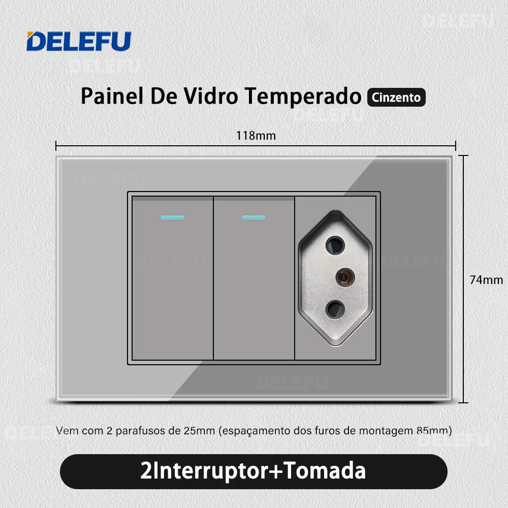 DELEFU Tempered Gray Glass Brazil Standard Outlet Dual Usb Type C Switzerland Wall Socket Light Switch Switzerland 118mm 10A 20A