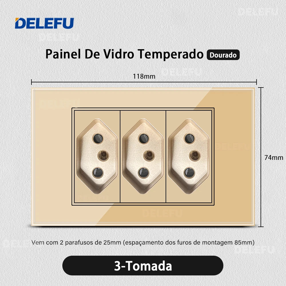 DELEFU 4*2 Gold Tempered Glass Brazil Standard Outlet Dual Usb Type C Wall Socket Light Switch Switzerland 10A 20A