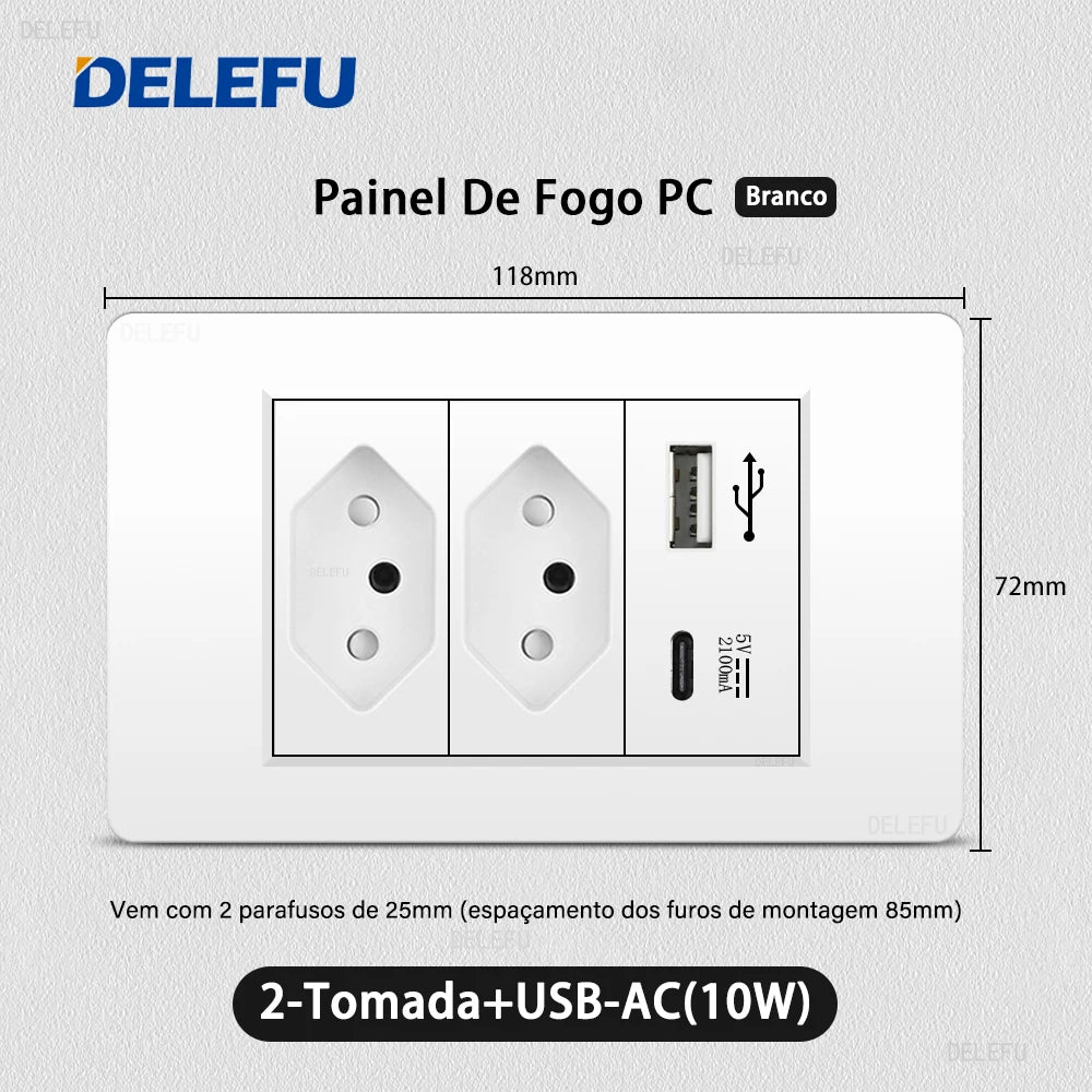 DELEFU White PC Panel Brazil Standard Outlet with Double USB Type C Wall Power Socket Smart Switch Tuya Wifi 10A 20A 118x72mm