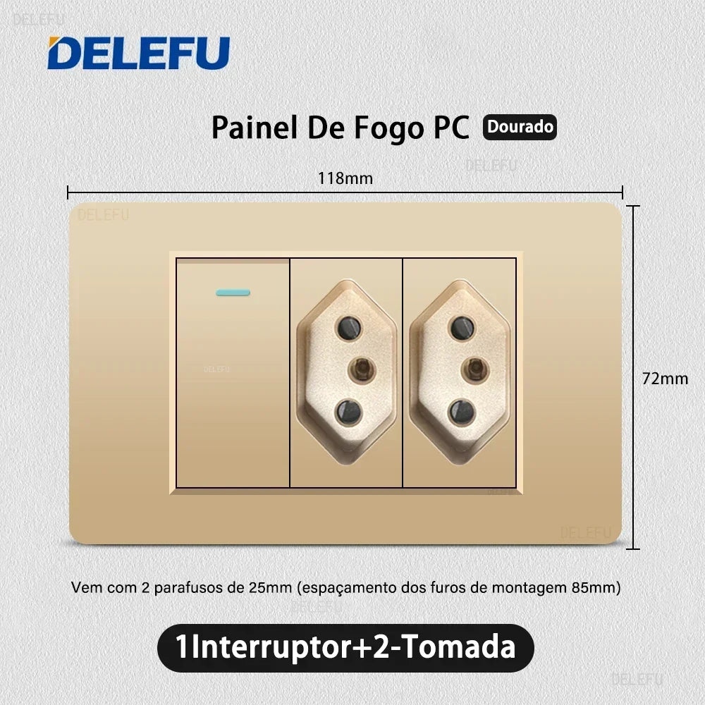 DELEFU PC Panel Fireproof Double USB Type C Charge Brazil Standard Outlet Gold Wall Power Light Switch Electrical Plug 10A 20A