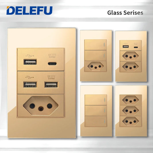 DELEFU 4*2 Gold Tempered Glass Brazil Standard Outlet Dual Usb Type C Wall Socket Light Switch Switzerland 10A 20A