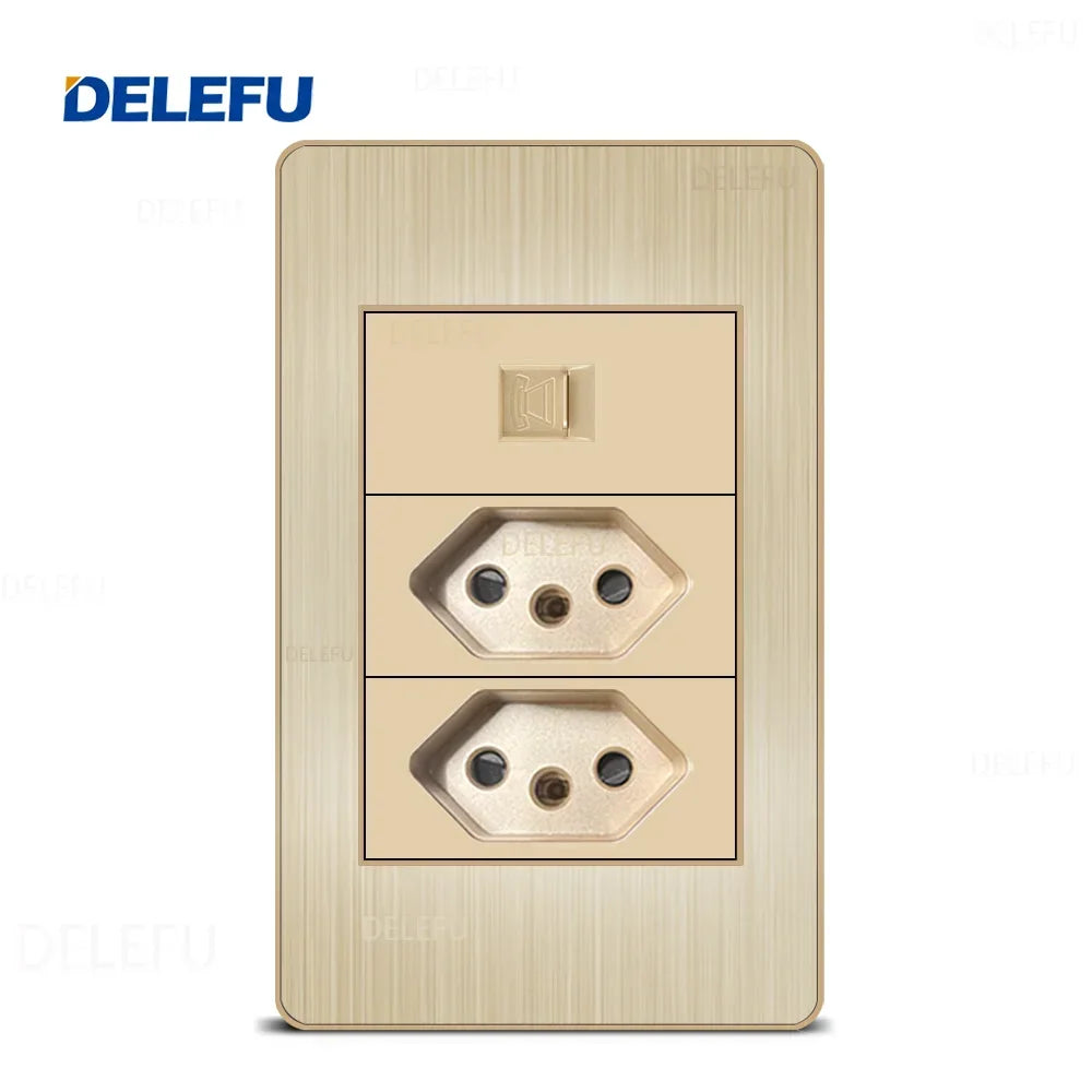 DELEFU Stainless Steel Gold Panel Series Brazil Standard Switch Socket Computer USB Type C Wall Power Socket