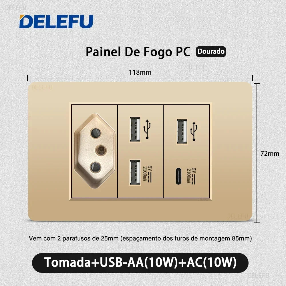 DELEFU PC Panel Fireproof Double USB Type C Charge Brazil Standard Outlet Gold Wall Power Light Switch Electrical Plug 10A 20A