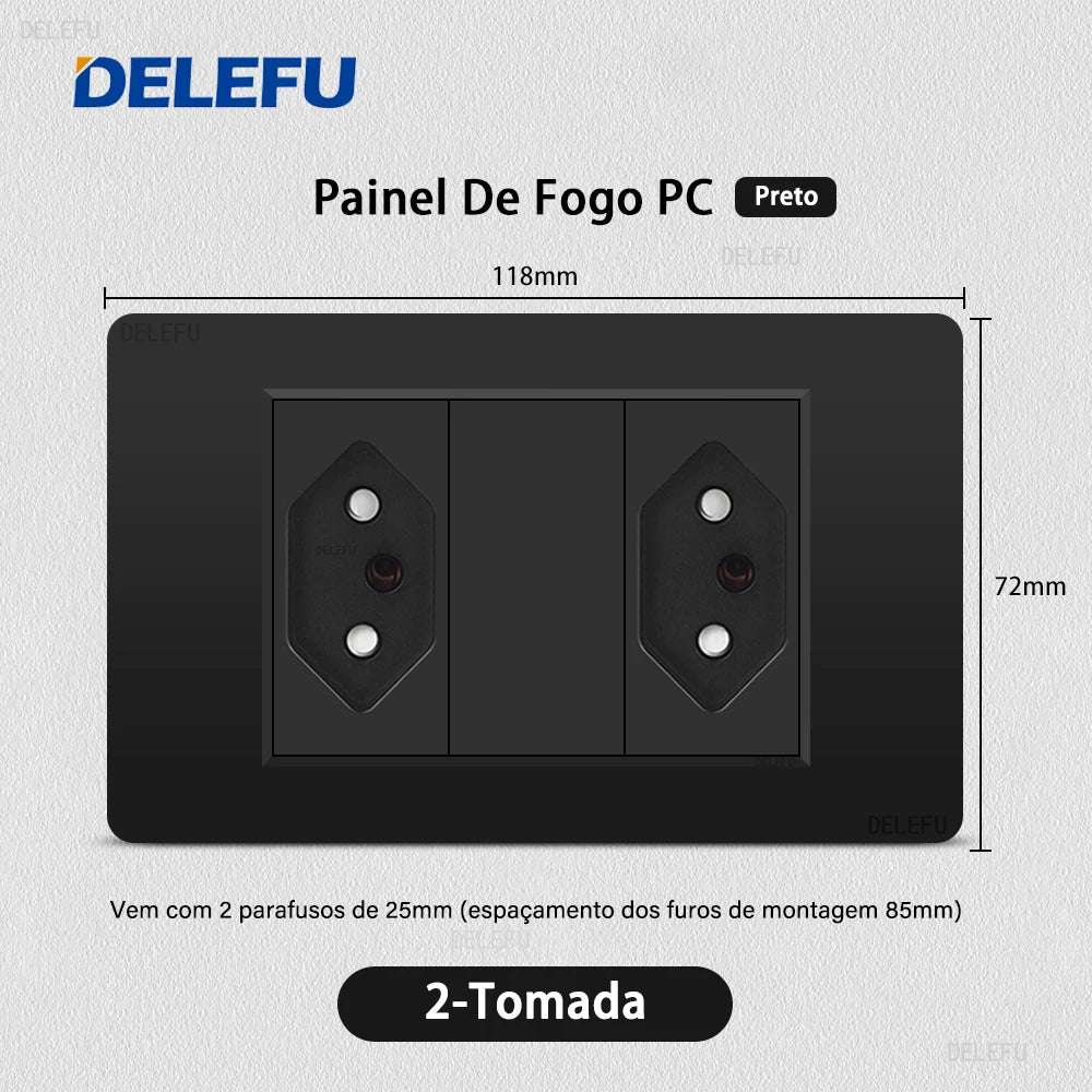 DELEFU PC Panel Fireproof Double USB Type C Charge Brazil Standard Outlet Black Wall Power Light Switch Electrical Plug  10A 20A